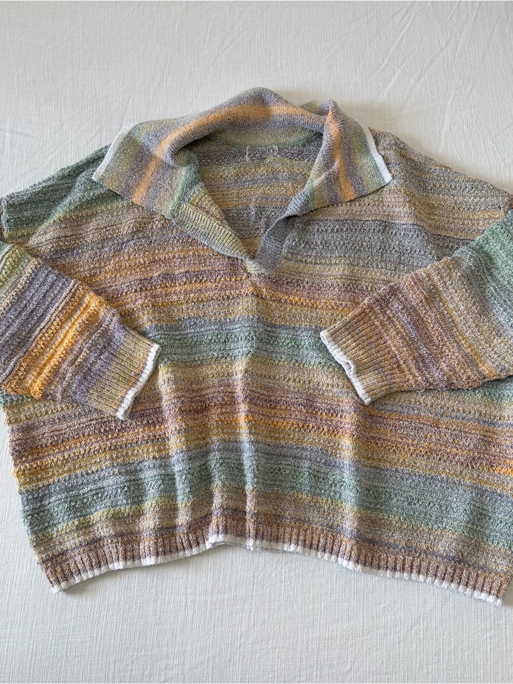 Pastel Striped Open-Collar Women's Knit Pullover Sweater